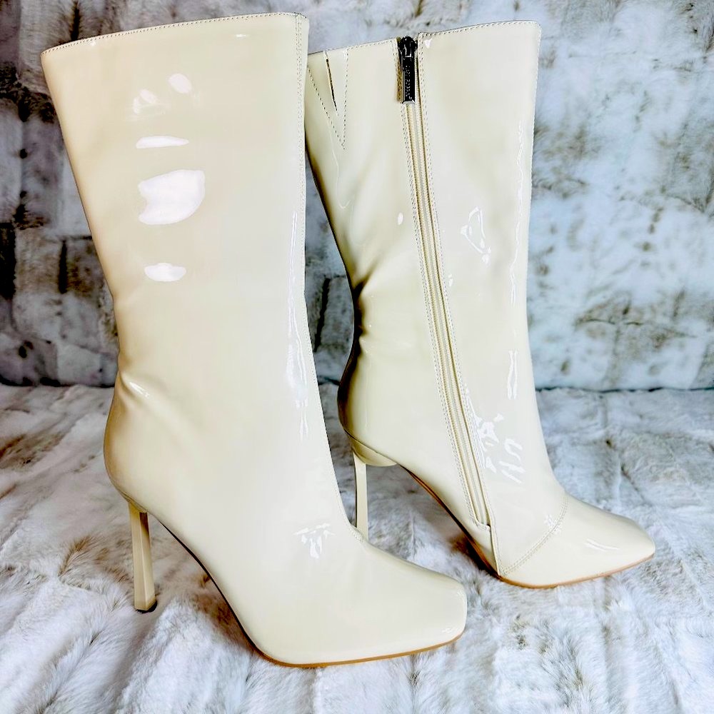 * Cape Robbin Off White Mid Calf Square Toe Boots 4" Heels